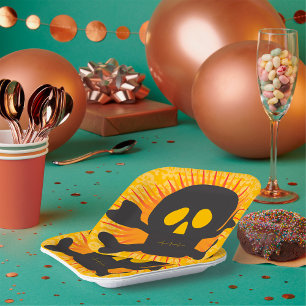 Bold Skull and Crossbones with Orange Burst Paper Plate