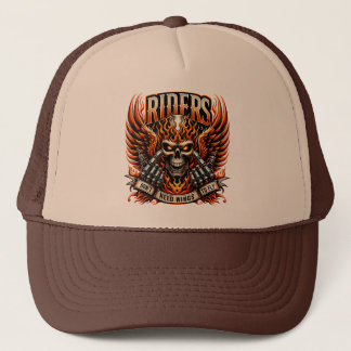Bold Skull Design With Fiery Wings and Hands Trucker Hat