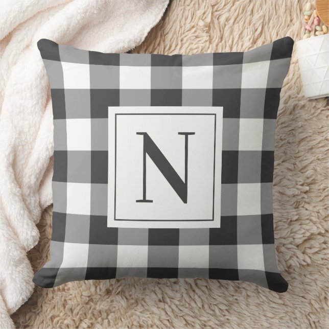 Bold Soft Black Gingham Check Monogram Initial Throw Pillow (Blanket)