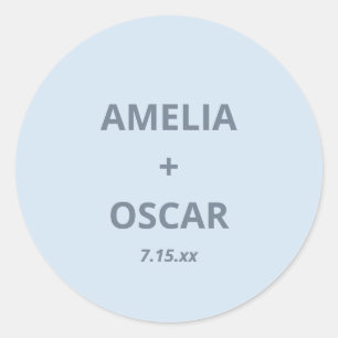 Bold Soft Blue Modern Wedding Names Date Custom Classic Round Sticker