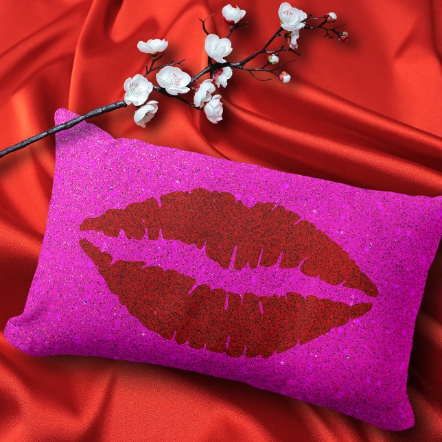 Bold sparkly red lips pink glitter background glam lumbar pillow (Creator Uploaded)