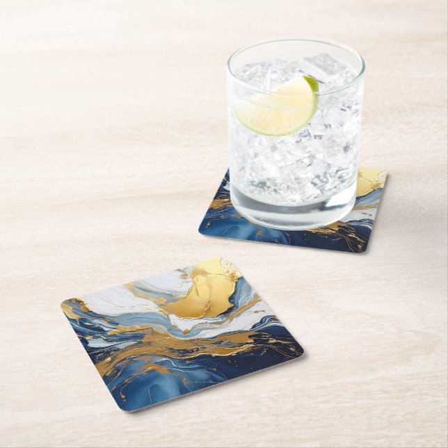 Bold Splash of Gold and Blue Square Paper Coaster (Insitu)