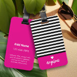 Bold Stripe Pattern - Heart Monogram Hot Pink Luggage Tag<br><div class="desc">You can change the background colour when you customize the item. A cute design for any girly girl. Includes a trendy pink colour with black and white striped pattern.</div>