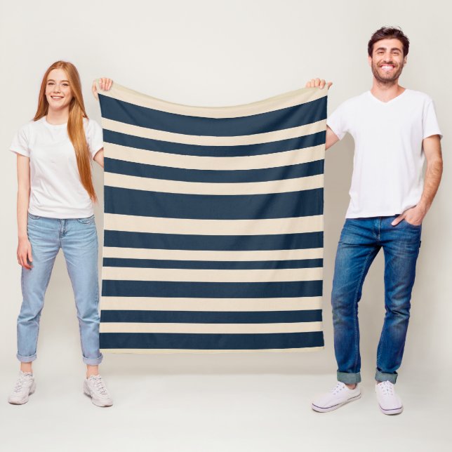 bold Striped Navy Blue and Beige Coastal Decor Fleece Blanket (In Situ)