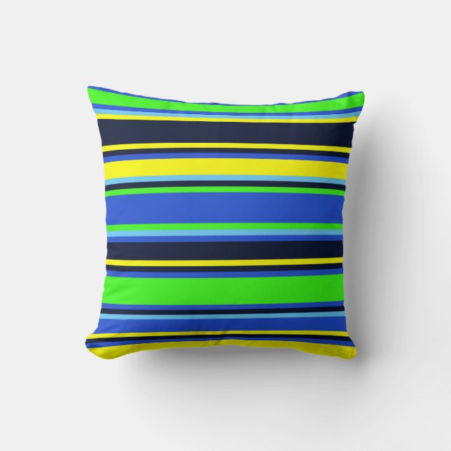 Bold Stripes in Lime Blue  and Yellow Throw Pillow (Front)