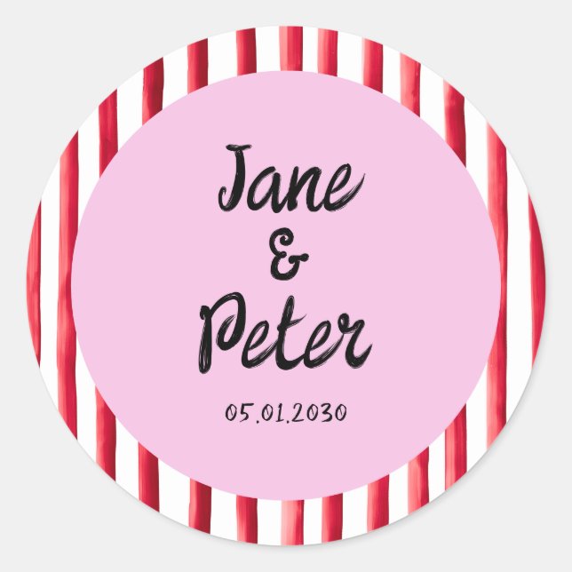 Bold Stripes Modern Red and Pink Wedding Stickers (Front)