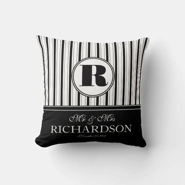 Bold Stripes Pattern Monogram Mr and Mrs Throw Pillow (Front)