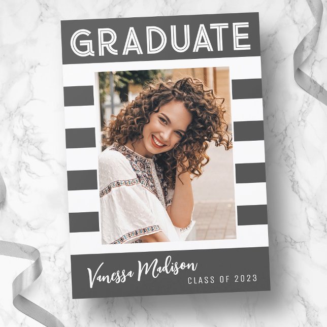 Bold Stripes Simple Retro Graduate Photo Grey Announcement (Creator Uploaded)
