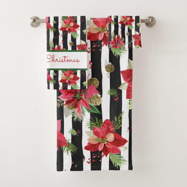 Bold Stripes with Poinsettias Merry Christmas Bath Towel Set (Insitu)