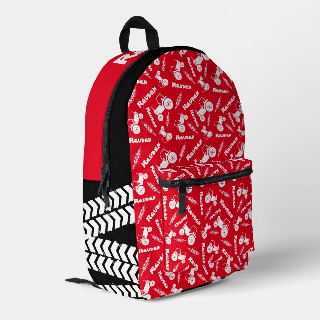 Bold stylized tractor graphic wheat name red printed backpack (Back Corner Left)