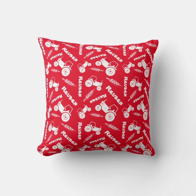 Bold stylized tractor graphic wheat name red throw pillow (Front)