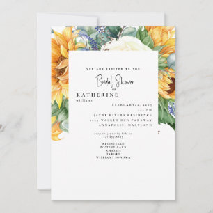Bold Summer Sunflower White Bridal Shower Photo Invitation