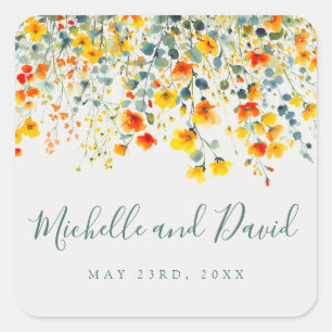 Bold Summer Watercolor Floral Wedding Square Sticker