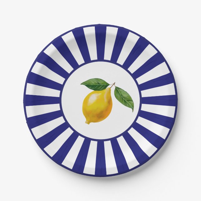 Bold Sunburst Watercolor Lemon Italian Paper Plate (Front)