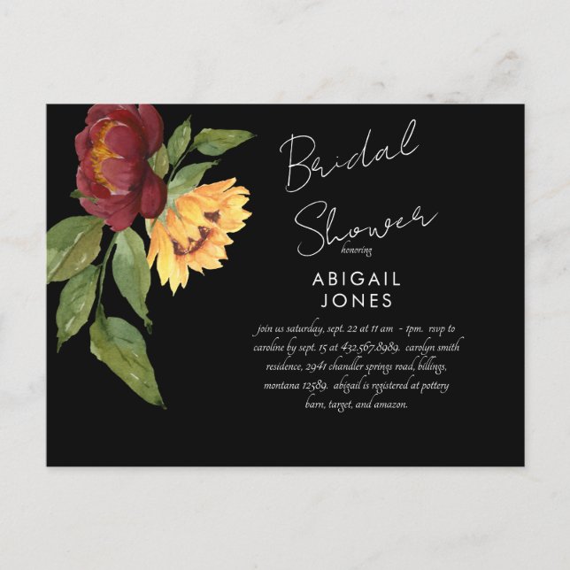  Bold Sunflower Black Bridal Shower Invitation  Postcard (Front)