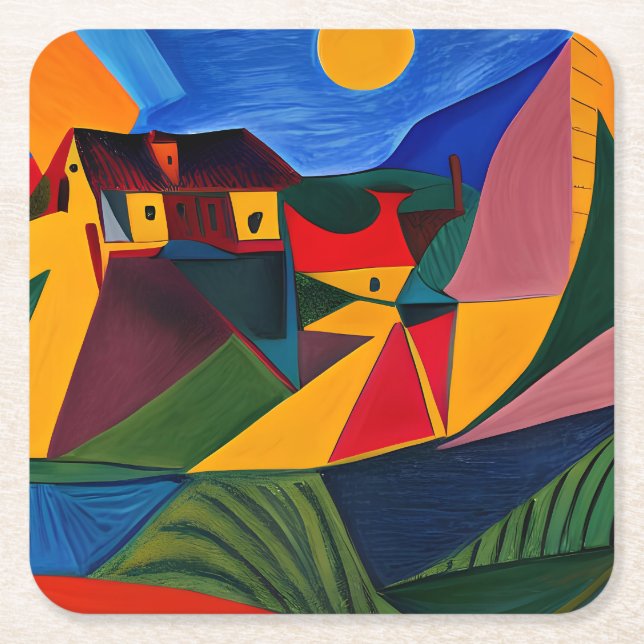 Bold sunset Picasso art Square Paper Coaster (Front)