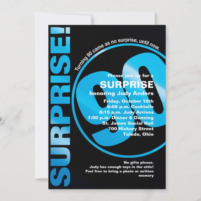 Bold Surprise Birthday Invitation - Blue 90th (Front)