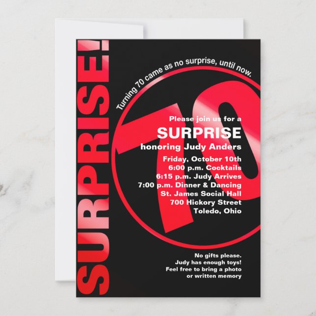 Bold Surprise Birthday Invitation - Red 70th (Front)