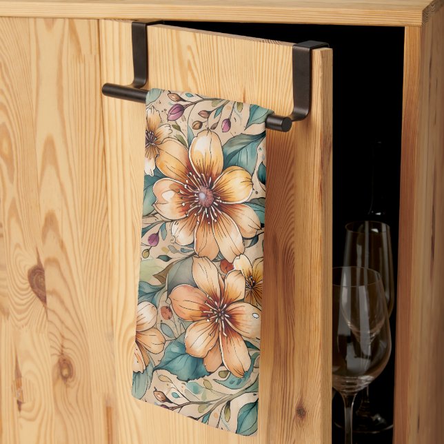 Bold Tan and Teal Flowers  Kitchen Towel (Thirds Fold)