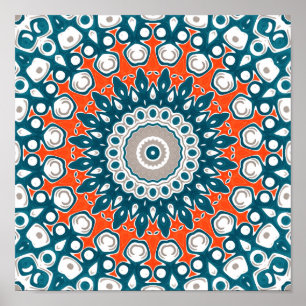 Bold Teal and Coral Symmetrical Mandala Poster