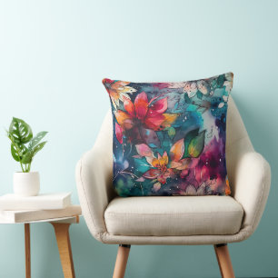 Bold Teal Orange Watercolor Flowers Throw Pillow