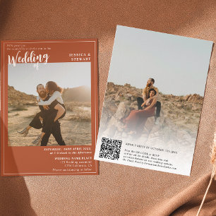 Bold terracotta wedding script photo Qr code Invitation