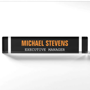 Bold Text Black White Orange Stylish Professional Nameplate
