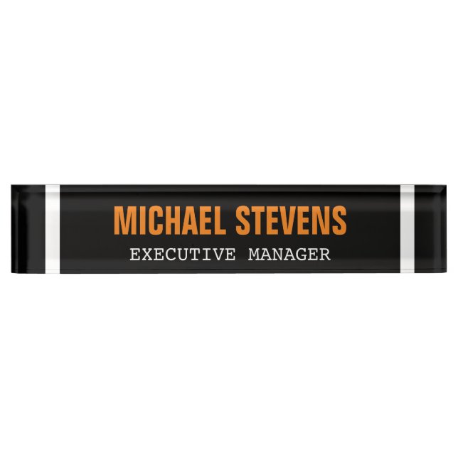 Bold Text Black White Orange Stylish Professional Nameplate (Front)