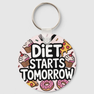 Bold Text Diet Starts Tomorrow Surrounded by Food Keychain