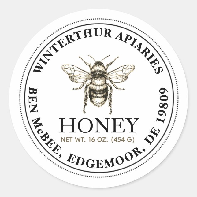 BOLD TEXT Editable White Honey Jar Bee Label (Front)