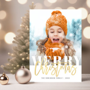 bold text foil merry christmas script holiday postcard