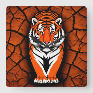 Bold Tiger on Cracked Earth Backgroun Square Wall Clock