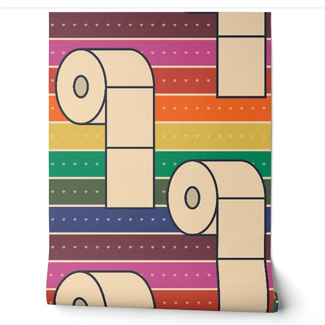 Bold toilet rolls on rainbow stripes wallpaper (Unrolling)