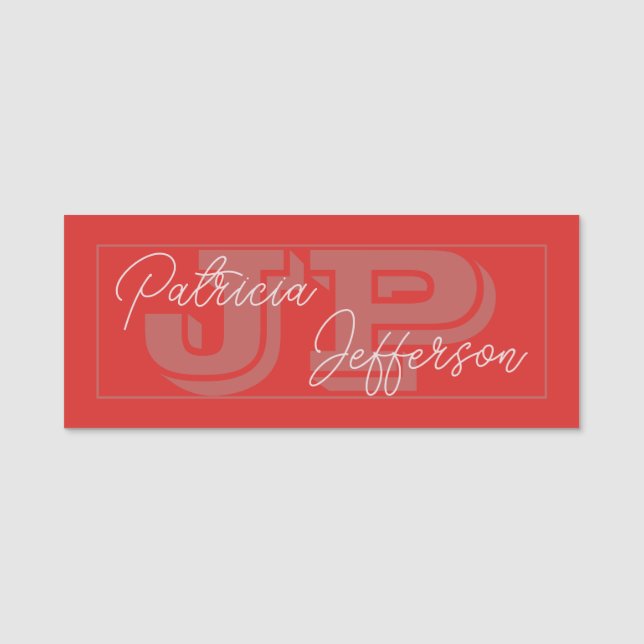 Bold Tomato Red Handwritten Monogram Elegant Name Tag (Front)
