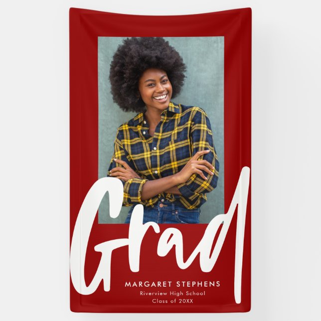 Bold trendy grad red graduation photo banner (Vertical)