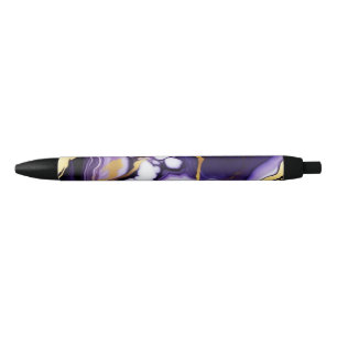 Bold Trendy purple yellow Gold faux marble Black Ink Pen