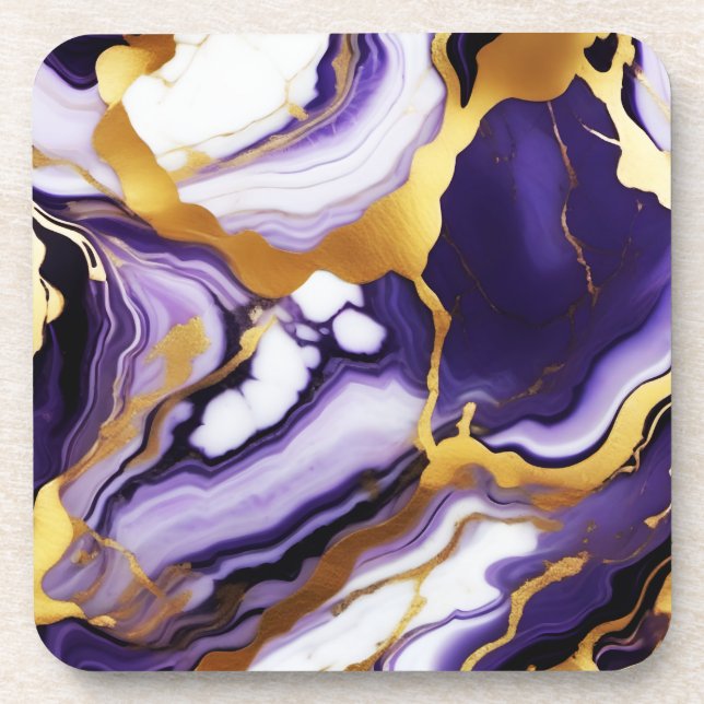 Bold Trendy purple yellow Gold faux marble Coaster (Front)