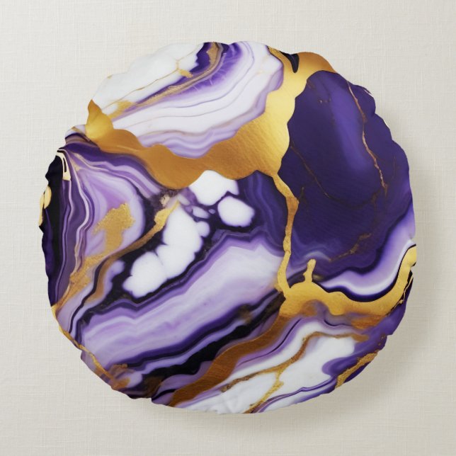 Bold Trendy purple yellow Gold faux marble Round Pillow (Front)