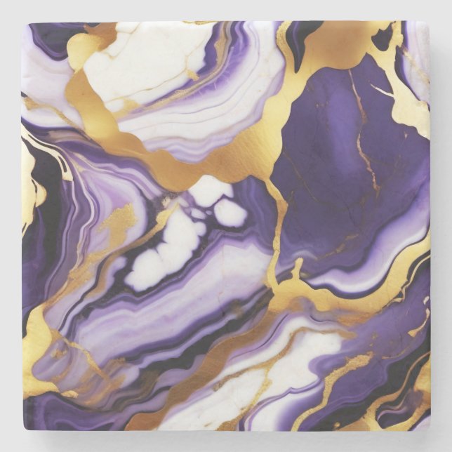Bold Trendy purple yellow Gold faux marble Stone Coaster (Front)