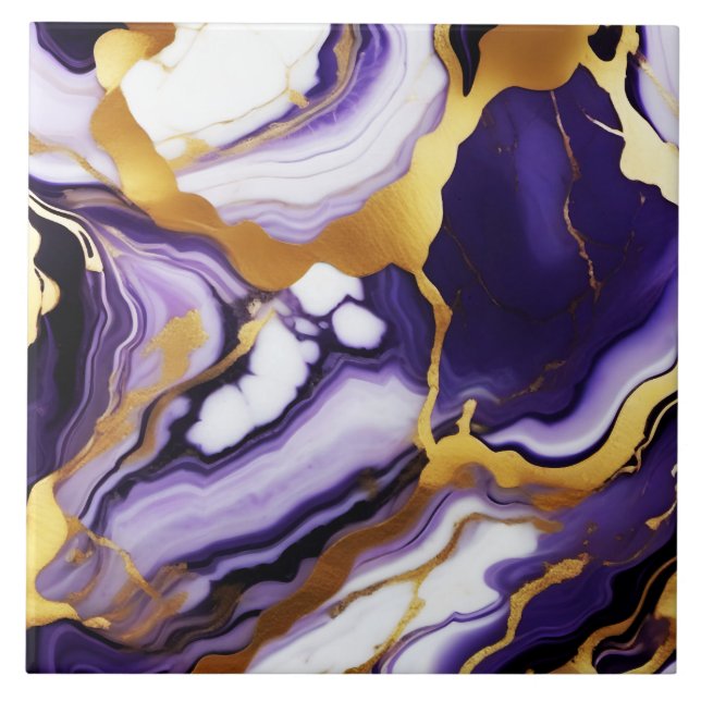 Bold Trendy purple yellow Gold faux marble Tile (Front)