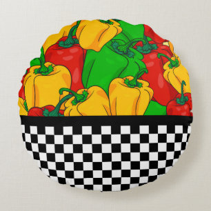 Bold Tri Coloured Peppers and Chequerboard  Round Pillow