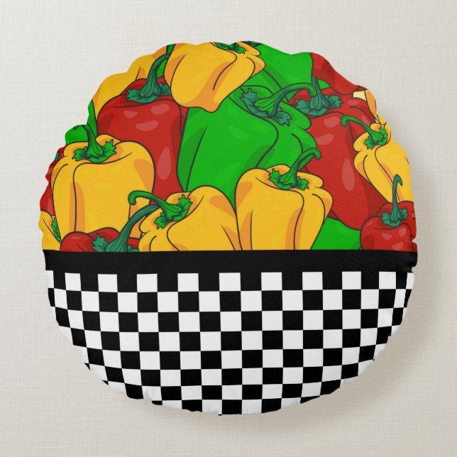 Bold Tri Coloured Peppers and Chequerboard  Round Pillow (Front)