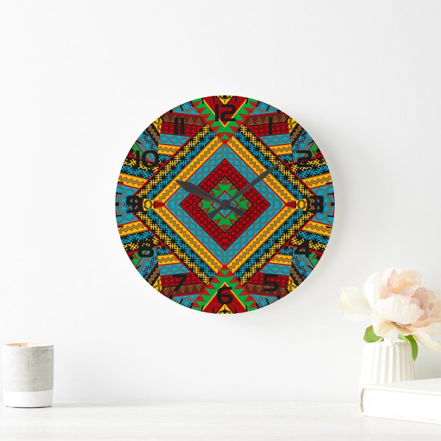 Bold Tribal Geometric Pattern Colourful Ethnic Boh Large Clock (Creator Uploaded)