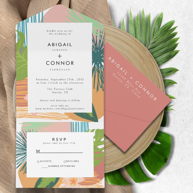 Bold Tropical Abstract Coral Teal Wedding All In One Invitation (Creator Uploaded)