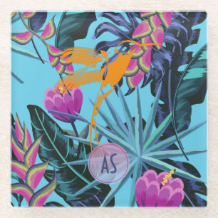 Bold Tropical Foliage Pattern with Hummingbird Glass Coaster