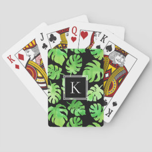 Bold Tropical Green Watercolor Leaves Monogram Playing Cards