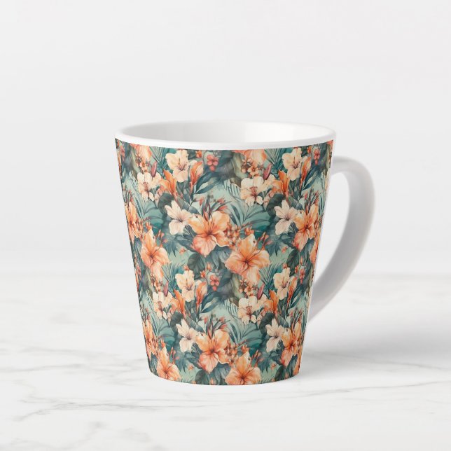 Bold Tropical Hibiscus Print Ceramic Latte Mug (Right Angle)