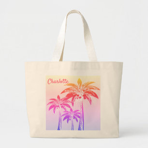Bold Tropical Ombre Palm Tree Bright Summer Name Large Tote Bag