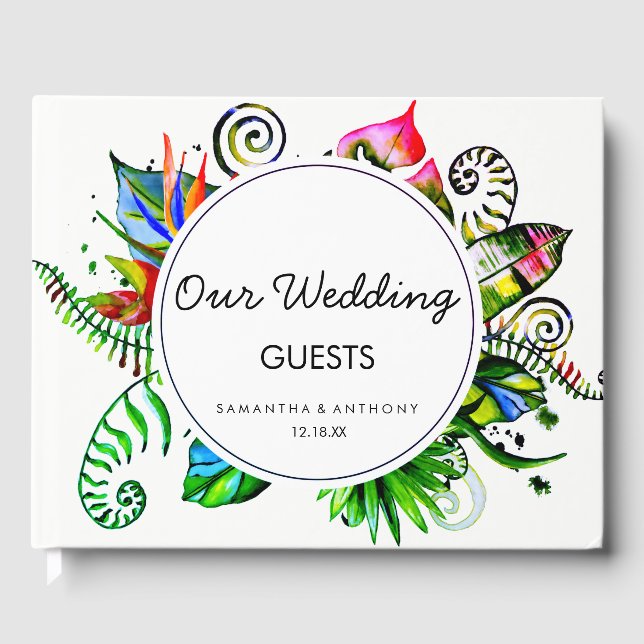 Bold Tropical Palm Leaf Wreath Wedding Monogram Guest Book (Front)
