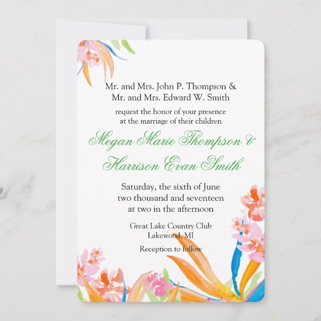 Bold Tropical Watercolor Flower Wedding Invitation (Front)